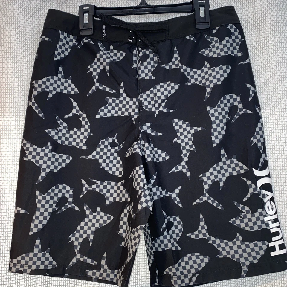 Hurley Boys Blue Checkered Sharks Swim Board Shorts 9” Inseam Sz 18