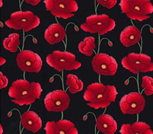 100% Cotton Fabric - Red Poppy Flowers on Black - Craft Fabric Material Metre - Picture 1 of 5