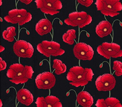 100% Cotton Fabric - Red Poppy Flowers on Black - Craft Fabric Material Metre - Image 1 of 4