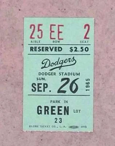 L.A. DODGERS BASEBALL TICKET - 1965 DRYSDALE COMPLETE GAME SHUTOUT vs CARDINALS - Picture 1 of 2