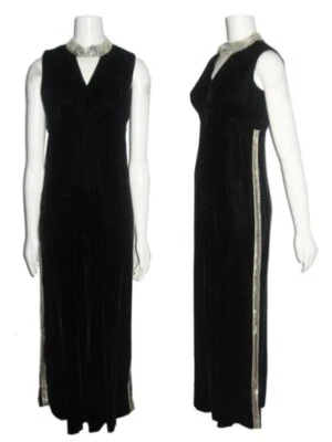 Mono Palazzo De Colección Terciopelo Negro Plata Lentejuelas Peep-a-Boo Cuello Recortado Pierna Ancha Foto 1 de 4