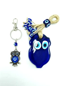 Colgante de pared con cuentas de vidrio con borlas de búho mal de ojo + llavero de metal turco nazar - Imagen 1 de 6
