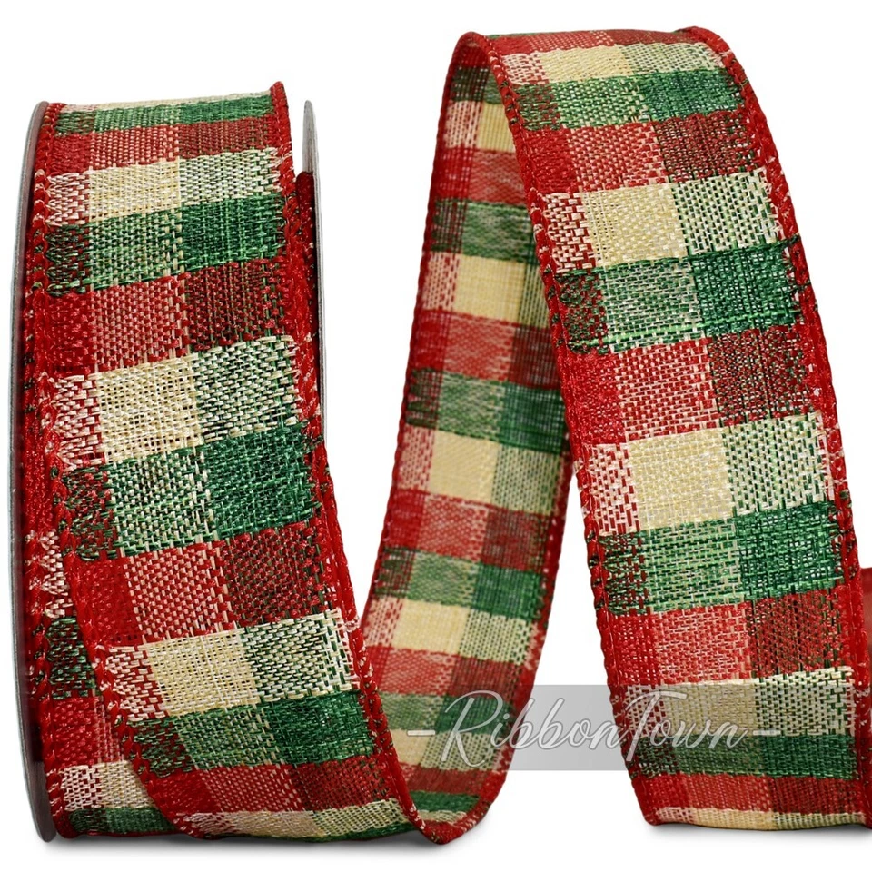 Cinta con cable Navidad roja verde marfil campo cuadros granja 1,5" ancho x 10 yardas Foto 1 de 1
