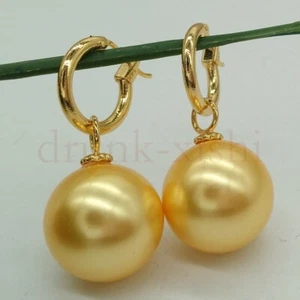 Enormes pendientes de perlas redondos AAAA 16 mm del Mar del Sur con cáscara dorada de oro 14k gancho P - Imagen 1 de 5
