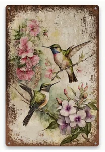 ARTE DE METAL - Colibrí y flores, estilo vintage arte de metal decoración de pared, 8x12" - Imagen 1 de 3