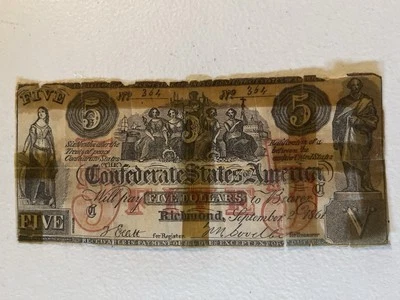 Confederate States of America $5 Banknote – Richmond, September 2, 1861  - Image 1 of 2