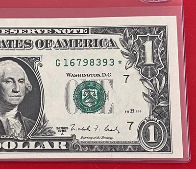1988 A  STAR NOTE $1 DOLLAR BILL ( CHICAGO G ) UNCIRCULATED - Image 1 of 3