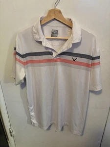 Callaway Polo Shirt Mens Medium White Striped Golf Stretch Logo Opti-Dri Casual - Picture 1 of 3