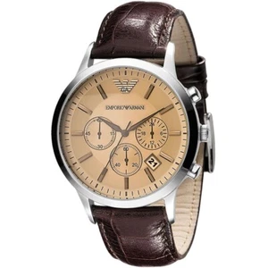 Emporio Armani Men's Classic Chronograph Cream Face Brown Leather Strap Watch... - Picture 1 of 6