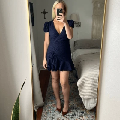 Bardot Dress Womens Large Navy Blue Lace Ruched VNeck Open Back - Image 1 of 4