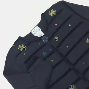 The Quacker Factory Women's Sweater Cardigan Zip Beaded Sequined Star Snowmen S - Picture 1 of 10