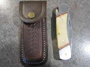 Vintage CUSTOM STAINLESS 5" 1 blade Lockback knife in leather sheath UNUSED - Picture 1 of 9