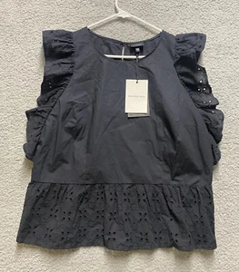 Who What Wear Shirt Womens 2XL Black Sleeveless Eyelet Blouse Ruffle Top - Picture 1 of 9