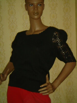 Vintage Años 80 Mujer Negro Suéter Pointelle Manga Corta Hinchada B=38 S M Foto 1 de 4