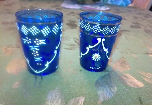 PAIR VICTORIAN HAND PAINTED 4" BLUE JUICE GLASSES - Picture 1 of 3