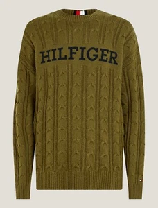 Tommy Hilfiger Monotype Logo Cable Knit Sweater Crew Neck Olive Green Men Size M - Picture 1 of 5