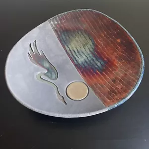 Signierte Joyce Furney Raku Keramik Fußschale Kranich Schimmer Sonnenuntergang Kunstkeramik - Bild 1 von 5