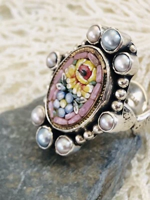 Echo Of The Dreamer-Mars and valentine,Italian,￼ micro mosaic,Flower ring.￼ - Image 1 of 4