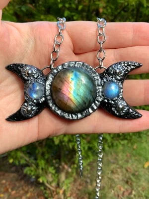 Huge Labradorite Pendant Necklace Artisan Handcrafted Triple Moon - Image 1 of 4