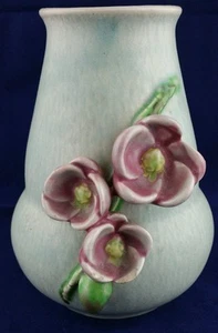 Staffordshire 6" pottery vase w/ turquoise mottled ground, applied pink flowers - Picture 1 of 6