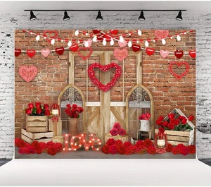 Telón de fondo fotográfico corazón rojo de San Valentín ladrillo pared madera puerta día de la madre... - Imagen 1 de 5