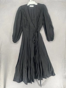 Vestido Zimmermann Mujer 2 Negro Lino Cuello en V Manga Larga Envolvente Corbata Cinturón Globo - Imagen 1 de 16