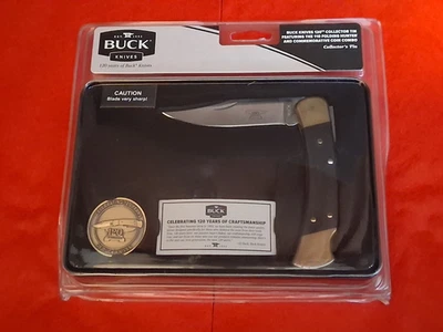 Cuchillo Cazador Plegable Buck 110 120. Combo de lata y moneda de coleccionista de aniversario Foto 1 de 4