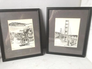 2x Framed Prints J Millard San Francisco Golden Gate Bridge & Street Cars Signed - Picture 1 of 7