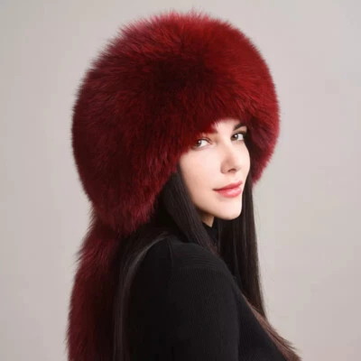 Women Real Fox Fur Russian Hat Warm Ushanka Cossack Cap Earflaps Mongolian Hat - Image 1 of 4