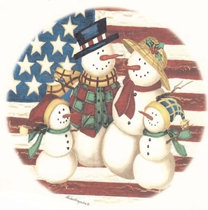 Patriotischer Schneemann Familie Flagge 2 Stck. 4" Überglasung Wasserrutsche Keramik Aufkleber - Bild 1 von 1
