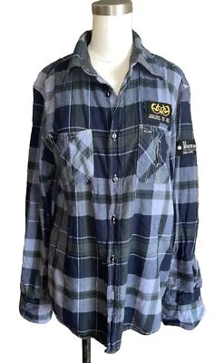 JACHS Just A Cheap Shirt Button Down Blue Plaid with Patch Front Sz L - Image 1 of 4