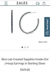 Zales Women Blue Lab Created Sapphire Inside-Out J-Hoop Earring Sterling Silver - Picture 1 of 11