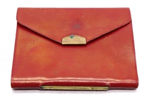 Portafoglio pieghevole vintage antico donna / unisex in pelle rossa con fibbia a scatto in ottone - Foto 1 di 12