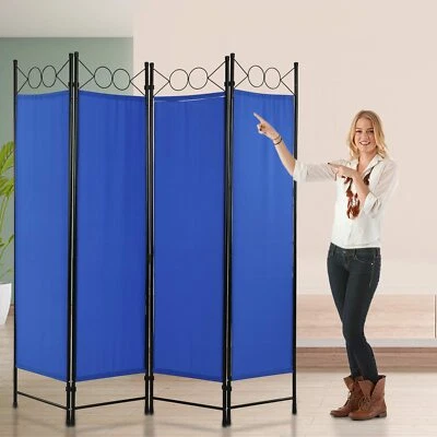 4 Panel Room Divider Steel Frame Screen Folding Privacy Divider Freestand Blue - Image 1 of 4