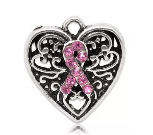 2 ANTIQUE SILVER PINK RHINESTONE AWARENESS HEART CHARM/PENDANT~Bracelets (52H)UK - Picture 1 of 3