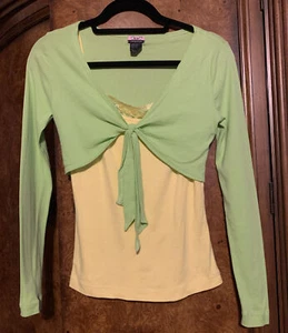 EUC VTG Love & Let Love Yellow Lace Top W/ Attached Green Cropped Tie Cardigan M - Picture 1 of 9