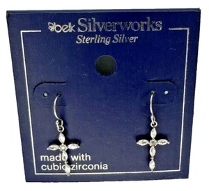 STERLING SILVER CROSS Dangle Drop Hook Wire earrings W/ Cubic zirconia Faith - Picture 1 of 5