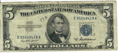 1953A 5$ Silver Certificate - Blue Seal - IBP/RBA E95249418A - #13599 - Image 1 of 2