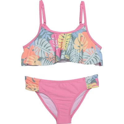 Roxy 8 Girls Flutter 2 Pc  Bikini Swimsuit Flounce Pink Blue Tropical Print Set - Image 1 of 2