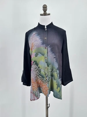 Top túnica con botones florales asiáticos negros citrón M cuello mandarín manga 3/4 Foto 1 de 4