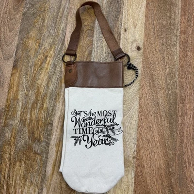 Canvas & Leather Lined Wine Bag Carrier Tote Hostess Party Gift Reusable Xmas - Image 1 of 4