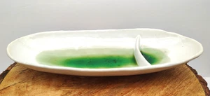 KOTOBUKI Japanese Pottery Divided Ceramic Tray White w/Green Crackle Glaze - Picture 1 of 8