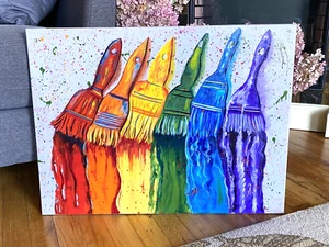 PAINT BRUSHES ART DECO PRIMARY COLORS KIDS CRAFT- HAND PAINTED 18" X 24 ACRYLIC - Picture 1 of 4
