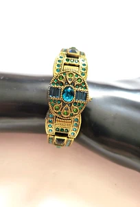 VTG Heidi Daus Hidden Hinged Blue Rhinestone Covered Face Cuff Bracelet Watch - Picture 1 of 9