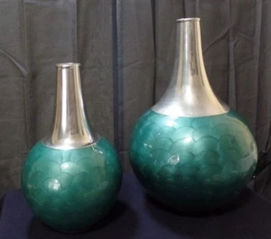2 pc-Aqua Enamel Aluminum MCM Style Decorative 10 1/2" & 13" Vases-Heavy Pieces - Picture 1 of 4