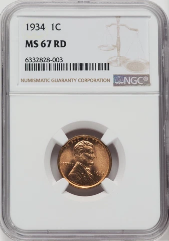 1934 1C MS67 Red Lincoln Cent, Wheat Reverse NGC Certified Graded Very Rare Cover