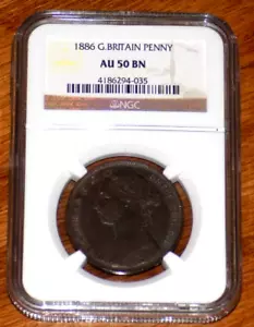 1886 Great Britain Penny Queen Victoria NGC AU 50 BN Graded Certified Coin - Picture 1 of 4