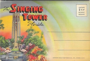 Vintage Florida Linen Singing Tower Cypress Gardens Souvenir Foldout Folder - Imagen 1 de 13