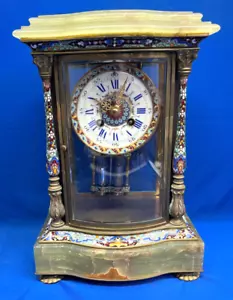 Antico orologio francese Champleve e marmo onice verde cristallo regolatore cappotto - Foto 1 di 10