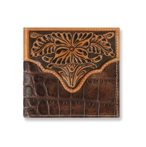 ¡Nuevo! BILLETERA DOBLE PLEGABLE Ariat Marrón Genuino CUERO FLORAL ESTAMPADO COCODRILO con Grabado - Imagen 1 de 1